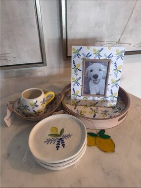 Decorative Lemon & Blue Floral Photo Frame and Dish Set - White